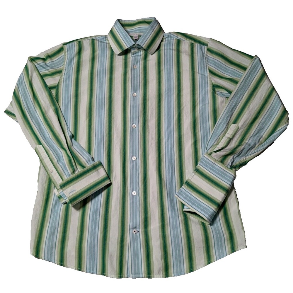 BANANA REPUBLIC Men 16-16.5 Large Green Striped French Cuff Cotton Dress‎ Shirt